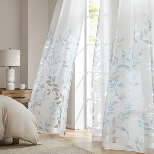 "Madison Park Cecily Semi Sheer SINGLE Panel Window Curtain Burnout Botanical Print, Easy To Hang, Fits up to 1.25"" Diameter Rod, 50x84, Leaves Aqua"