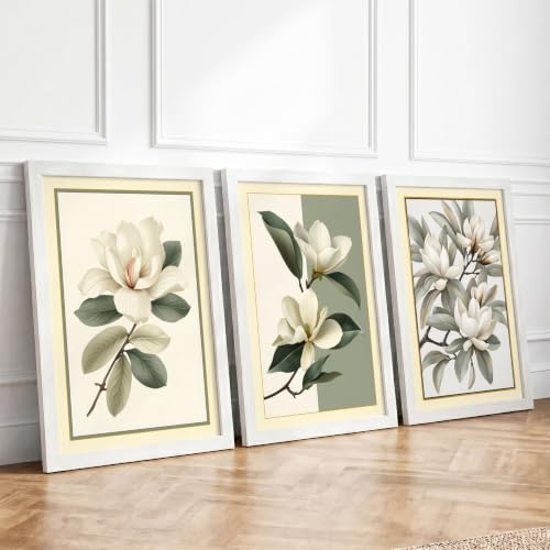 Magnolia Studies Botanical Set of 3 Framed Wall Art Prints A4 (29.7×21cm)
