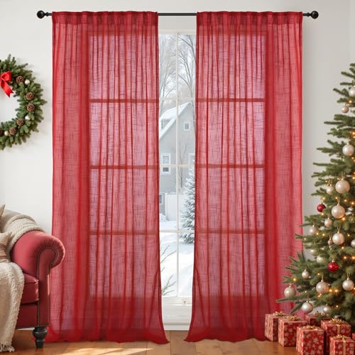 YoungsTex Linen Curtains 95 Inch Length for Living Room Window - Light Filtering Natural Semi Sheer Drapes with Rod Pocket Back Tab for Bedroom, Red, 2 Panels, 52 X 95 Inch