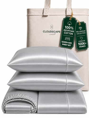 Cloud Scape Linen Engineered Dual-Ply Egyptian Cotton Queen Size Sheet Set ??? Long-Staple Sateen Weave, 4-Piece Soft Hotel Quality Bedding Set,Deep Pockets Up to 17???, Silver