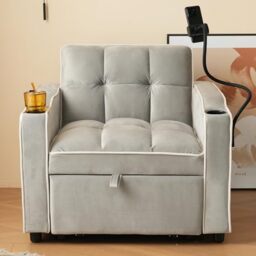 Ball & Cast 3-in-1 Expandable Single Sofa Bed, Multifunctional Chair Bed with Built-in Drink Holders and Phone Holder, Comfortable Recliner Armchair, Space-Saving Design, Velvet, Grey, 83x167x76cm