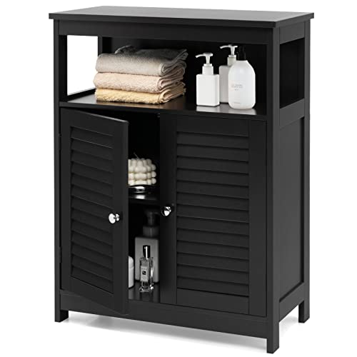 CASART Bathroom Floor Cabinet, Floor Standing Storage Cupboard with 2 Shutter Door, Wooden Side Cabinet Storage Organizer for Bathroom, Bedroom & Living Room (Black)