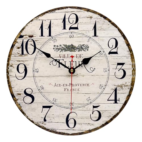 Toudorp 8 Inch Wall Clock Easy to Read Arabic Numerals Wooden Round Wall Clock Silent Non-Ticking Battery Operated Home Wall Clocks Retro French Country Style Art Decor Hanging Clock