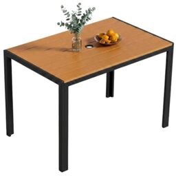 Clevich Garden Dining Table with Parasol Hole 110×70cmx73cm, Weatherproof Outdoor Table with WPC Slatted Tabletop, Aluminum Frame, Rectangular Table for Balcony/Backyard/Terrace (Seats 6, Teak Brown)
