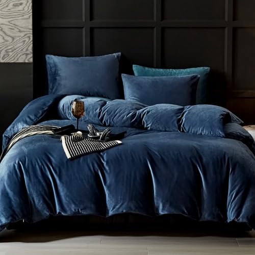WARMDERN Navy Flannel Velvet Duvet Cover King Size, 3-Piece - Ultra Soft Touch, Luxury Texture, Modern Crystal Velvet, Hidden Zipper, 4 Ties, Breathable Lightweight Washable Bedding Set