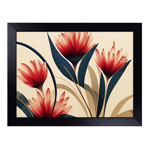 Lap Tray with Bean Bag Cushion, Serene Flowers Art Deco - Handmade in the UK, Raised Wooden Edge, Padded Cushion, Heat-Resistant Wipe-Clean Surface, for Meals, Laptops and Crafts
