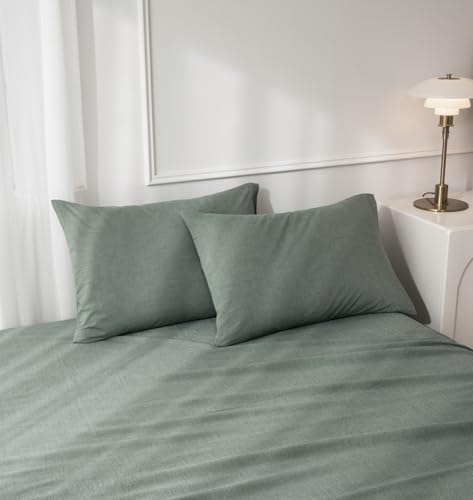 JIYUAN 100% Washed Cotton Pillowcases Set Envelope Closure Pack of 2 Comfy Simple Style Soft Breathable Textured Durable Linen Feel Bedding for All Seasons King Size,Green
