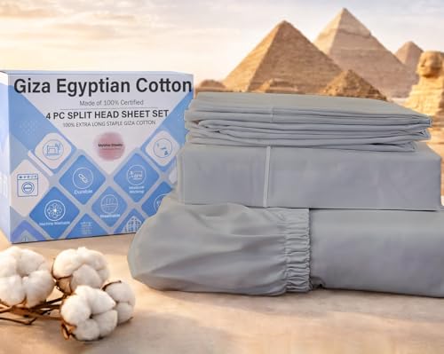"MyGiza Sheets 4 Pcs Top Split King Sheet Sets for Adjustable Bed, 100% Giza Cotton Perfect for Sleep Number Beds, King 34"" Down Flex Head, Fits 16"" Deep Mattress, Light Grey Solid"