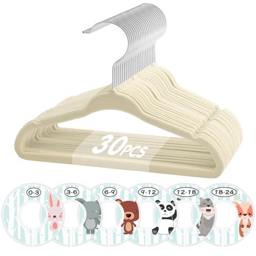 VIS'V Velvet Baby Hangers with 6 Pcs Size Dividers, 11 Inch, Beige, 30 Pcs - Compact Size, Non Slip, Infant Toddler Nursery Closet Organization