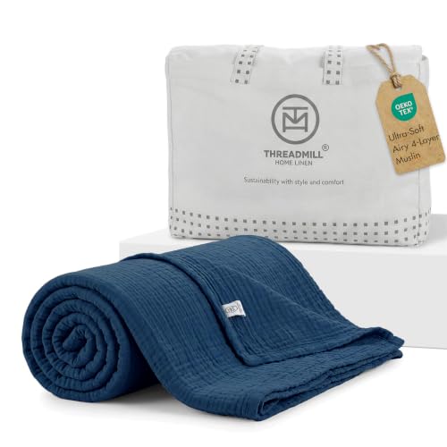 Threadmill Cotton King Blanket, Muslin, Folkstone Blue, 4-Layer Gauze Weave - 100% Cotton, Muslin Weave, Breathable, All-Season, Lightweight, OEKO-TEX Certified, Machine Washable