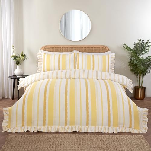 Rapport Home Frilled Bedding Set - Maya Striped Reversible Duvet Cover Set - Yellow Double Size Quilt Cover