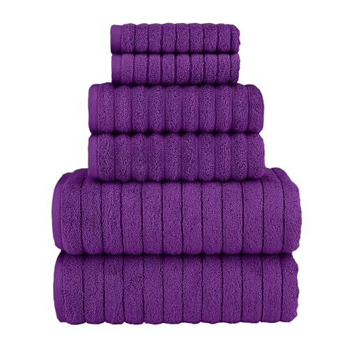 Elegant Comfort 100% Turkish Cotton Corduroy Ribbed Luxury Bath Towels 6-Piece Set, Premium Feel - Quick Dry, Highly Absorbent, Contains 2 Bath Towels, 2 Hand Towels, and 2 Washcloths, Purple