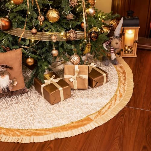 Valery Madelyn Christmas Tree Skirt for Tree Decorations, 48 Inch Fabric White Gold Small Xmas Velvet Tree Skirt with Embroidery Baroque Pattern & Pleated Border for Tree Merry Christmas Party Decor