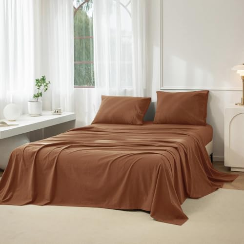 "JIYUAN Full Washed Cotton Sheet Set, 4-Piece, Relaxed Linen Feel - Deep Pocket Fits Mattresses up to 17"". Flat Sheet & 2 Pillowcases. Naturally Soft & Breathable. Machine Washable."