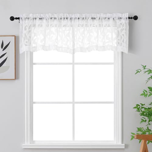 OWENIE Leyna 14 Inch White Valance for Windows 2 PCS Sheer Curtains, Jacquard Leaves Textured Semi Small Kitchen Valances Curtain for Living Room Bedroom, Modern Rod Pocket Drapes, 40Wx14L Inch