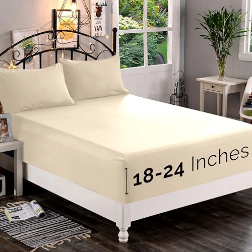 Elegant Comfort 1500 Premium Quality Fitted Sheet Ultra Soft 18-24 Inch Extra Deep Pocket - Single Fitted Sheet for High Mattress - Wrinkle Free with Smart Storage Pockets, Queen, Cream