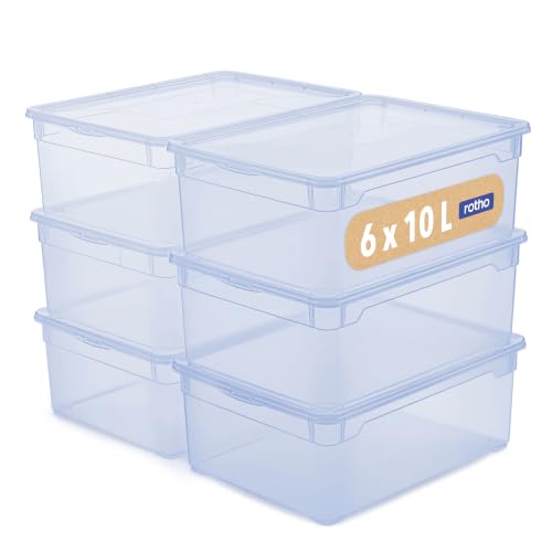 Rotho Clear Storage Boxes with Lids 6 x 10 L Stackable Transparent Blue - Shoe Storage Box, Securely Closing Lids, Stackable Storage Boxes, 6-Pack, Transparent Blue, Easy-Care, Visible Contents