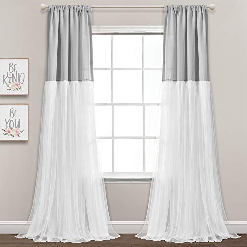 "Lush Decor Tulle Skirt Colorblock Window Curtain Panel Pair, 84"" L x 40"" W, Light Gray & White"