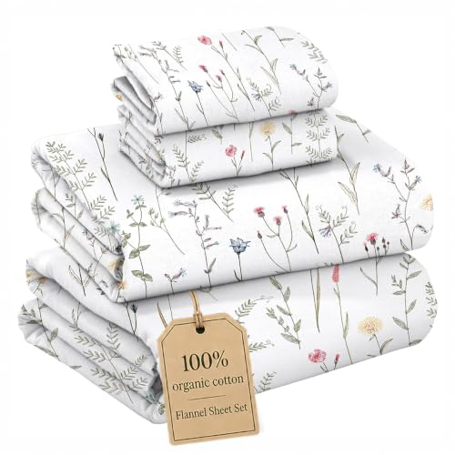 Ruvanti 4 Piece Flannel Sheet Set 100% Organic Cotton GOTS Certified Cotton, Warm, Soft & Breathable, Deep Pocket, Double Brushed, Comfortable for All Seasons, Flowers of