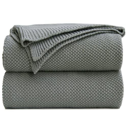 Longhui bedding Medium Grey 100% Cotton Cable Knit Lightweight Throw Blanket for Couch Sofa Bed Home D??cor, Bonus Laundering Bag, Gray Color 50??? x 60??? Machine Washable