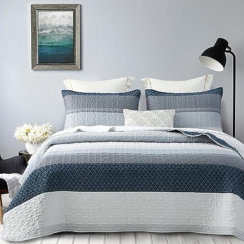 DURLENGEN Quilt Set Queen Size 3Pcs,Soft Microfiber Lightweight Bedspread,Blue & Navy Striped Geometric Pattern Coverlet for All Season Layering(Queen 90x96, Blue Patchwork)