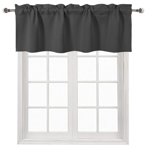 DWCN Dark Grey Kitchen Valance Rod Pocket Tier Valance Curtain for Kitchen Bathroom Windows Panel 52x18 inch Long, Set of 1 Blackout Panel