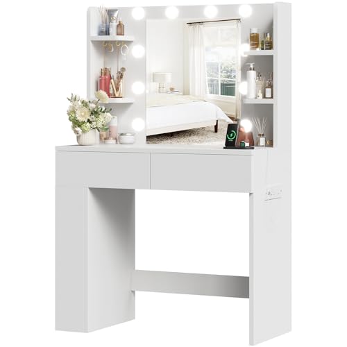 JUMMICO Dressing Table with Lighting and Mirror, 55 x 45 cm, Modern Makeup Table with Socket & USB Ports, 3 Colour Modes, 2 Drawers & Adjustable Side Box, for Bedroom, White
