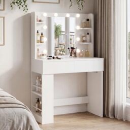 JUMMICO Dressing Table with Power Outlet and LED Bulb,2 Large Drawers