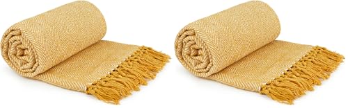 Emma Barclay Herringbone - Recycled Cotton Patterned Chair Sofa Setee Bed Throw Over Blanket in Ochre Yellow - 50x60 (127x152cm) (Pack of 2)