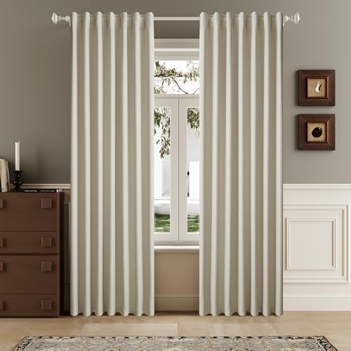 "DUALIFE 100% Blackout Linen Natural Birch Curtains 84 Inch for Living Room Darkening, Bedroom Linen Drapes 84 Inches Long Rod Pocket/Back Tab Heat Blocking Bohemian Pleated Window Curtain(50""x84""x2)"