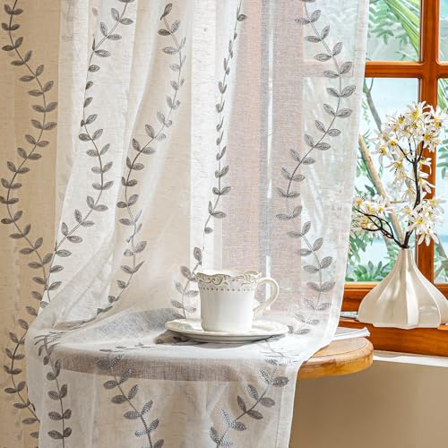 AmHoo 2 Panels Linen Leaf String Floral Embroidered Semi Sheer Curtain Farmhouse Voile Curtains for Living Room Bedroom Window Treatment Light Gray 52 x 96 Inch