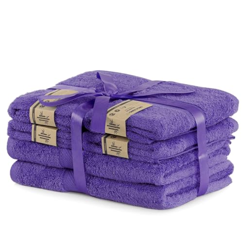 DecoKing Set of 6 Purple Cotton 4 Hand Towels 50 x 100 cm and 2 Bath Towels 70 x 140 cm Bath Towels Bamboo Viscose Absorbent Antibacterial Bamby Plum Violet Plum Purple Plum