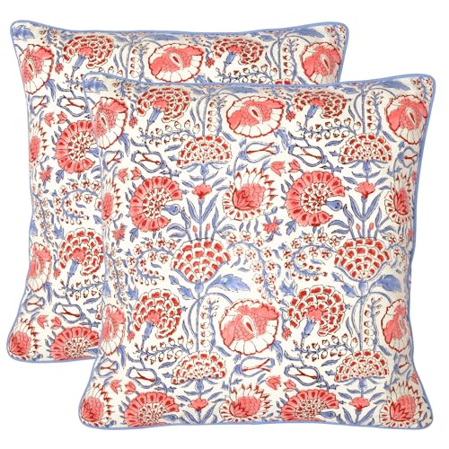 "Ridhi Block Print Flamingo Pink Pillow Cover 20"" x 20"" (Pack of 2) Decorative Couch Pillows for Living Room, Farmhouse Chic Boho Cute Outdoor Pillows Covers Gifts for Spring, Mother's Day"