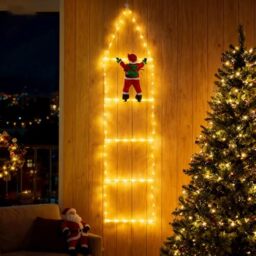 LEDYA Christmas Ladder Lights with Santa Claus, 1.25M/4.1Ft Santa Claus Climbing Ladder Lights, 98 LED Christmas Lights with Timer, 8 Modes for Indoor Outdoor Xmas Decorations (Warm White)