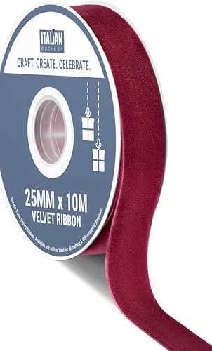 Italian Options Velvet Ribbon, Luxury, Single-Face Velvet Ribbon for Crafting, Christmas, Bows, Hair, Cakes, Weddings, Ornaments, Gift Wrapping, Flowers, 25mm x 10 Metre Roll, Burgundy