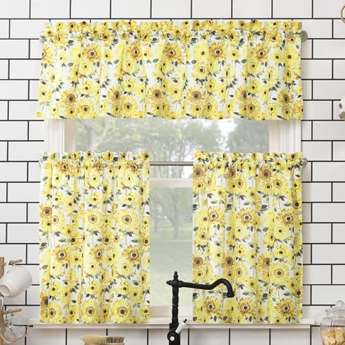 "No. 918 Sunbeam Sunflower Print Semi-Sheer Rod Pocket Kitchen Curtain Valance and Tiers Set, 54"" x 24"", Yellow"