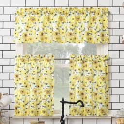 "No. 918 Sunbeam Sunflower Print Semi-Sheer Rod Pocket Kitchen Curtain Valance and Tiers Set, 54"" x 24"", Yellow"