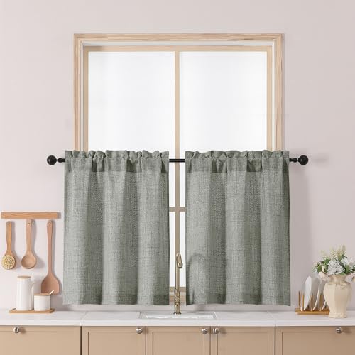 Chyhomenyc Short Curtains 30 Inch Length - Light Filtering Faux Linen Textured Small Window Kitchen Curtain Over Sink, Modern Cafe Drapes for Cabinet Bathroom Basement, 30Wx30L Inch, 2PCS, Dark Grey