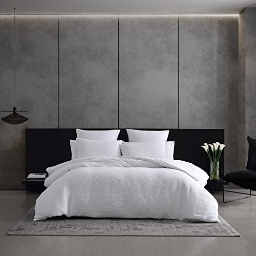 Vera Wang - Queen Duvet Cover Set, Luxury Cotton Bedding with Button Closure, Includes Matching Shams (Textured Pleats White, Queen)