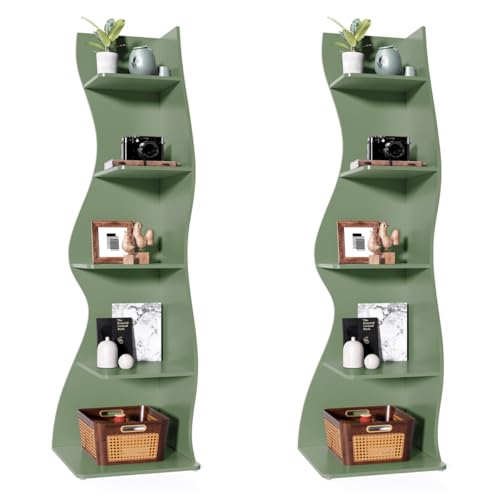 LITTLE TREE Small Corner Shelf, Modern 5-Tier Wall Corner Bookshelf, Stylish Bookcase Storage Rack for Small Space, Living Room, Bedroom, Green, 2 Pack
