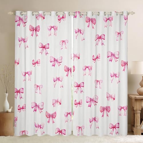 Feelyou Pink Girls Bow 30%-50% Room Darkening Blackout Curtain Boys Girls (2 Panels, 42 x 84 Inch) Bow Curtains for Bedroom Living Room Cute Bowknot Blackout Curtains Kawaii Window Treatments