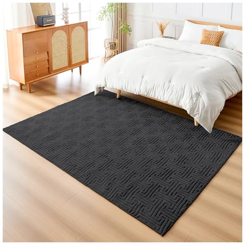GC GAVENO CAVAILIA Faux Fur Fleece Black Area Rugs Living Room Large 160x230 Cm - Fluffy Rug For Bedroom, Dining Room, Office Anti Slip Mat - Carpet Floor Mat Runners Washable Outdoor Rug