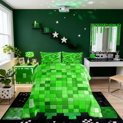 Manfei Geometric Grid Kids Comforter Set Full Size,Patchwork Square Video Games Bedding Set,Boys Room Decor,Gradient Gaming Quilt Comforter,Green Duvet Set Bedroom Quilt Set,2 Pillowcases