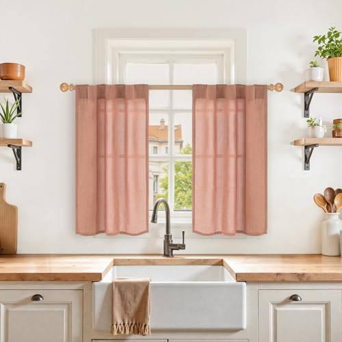 YoungsTex Terracotta Linen Curtains 36 Inch Length, Short Kitchen Window Drapes with Rod Pocket Back Tab Semi Sheer for Cafe Bathroom Windows, 2 Panels, 30 X 36 Inch