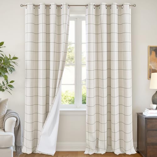 Lajode Patterned Curtains with Plaid Gingham Printed - 96 Inches Extra Long Total Linen Blackout Curtains for Living Room, Checkered Striped Drapes Cortinas for Bedroom 52x96 Inch 2 Panels, Dark Green