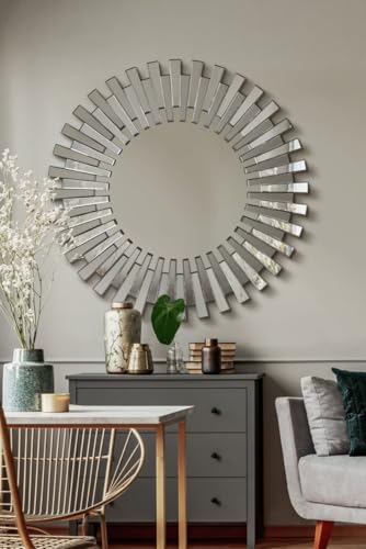 MirrorOutlet JH038 Modern Unique 3D Sunburst All Glass Venetian Round Wall Mirror, Silver, 3.5 x 120 x 120 cm