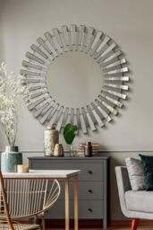 MirrorOutlet JH038 Modern Unique 3D Sunburst All Glass Venetian Round Wall Mirror, Silver, 3.5 x 120 x 120 cm