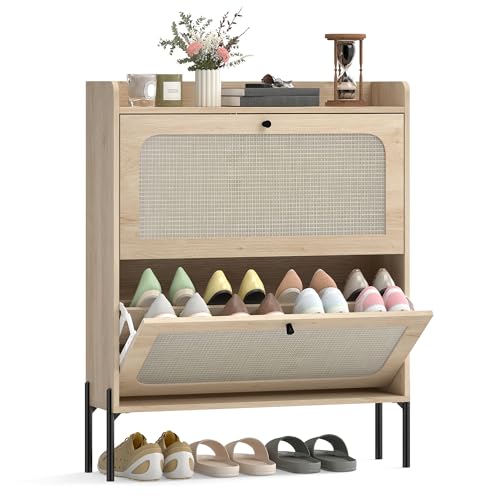 HOMCOM Narrow Shoe Cabinet, Boho Shoe Storage Cabinet with 2 Flip Drawers, Adjustable Shelves, Raised Tabletop, Rattan Accent for Hallway, Space Saving, Holds 12-16 Pairs, Oak