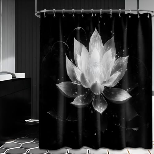 QGHOT Black and White Shower Curtain Lotus Flower Shower Curtains for Bathroom Decor Decorative Grey Floral Bath Curtain Set, Waterproof Cloth Fabric, 84x72in