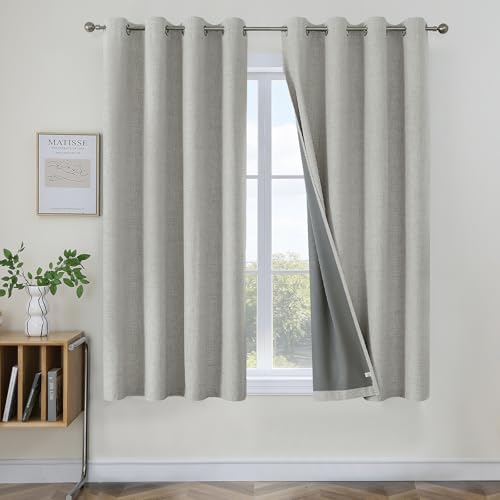 Joydeco Blackout Curtains 63 inch Length 2 Panels Set, Linen Textured Room Darkening Curtains 63 Inches Long, Thermal Insulated Grommet Black Out Curtains for Living Room(42x63 inch, Greyish White)